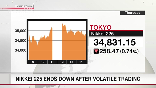 Nikkei 225 ends down after volatile trading session