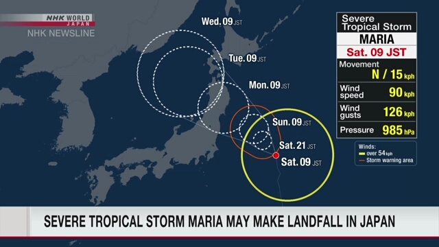 Severe Tropical Storm Maria may make landfall in Japan on Monday