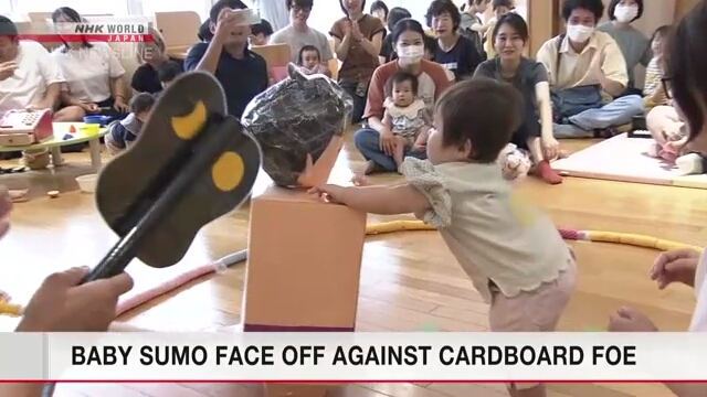 Babies grapple with cardboard sumo wrestler in Japan's Yamagata City