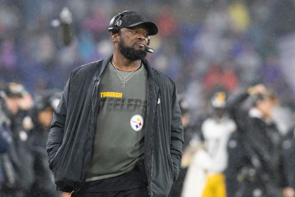 Dec 29, 2019; Baltimore, Maryland, USA; Pittsburgh Steelers head coach Mike Tomlin walks down the sidelines during the third quarter against the Baltimore Ravens at M&T Bank Stadium. Mandatory Credit: Tommy Gilligan-USA TODAY Sports