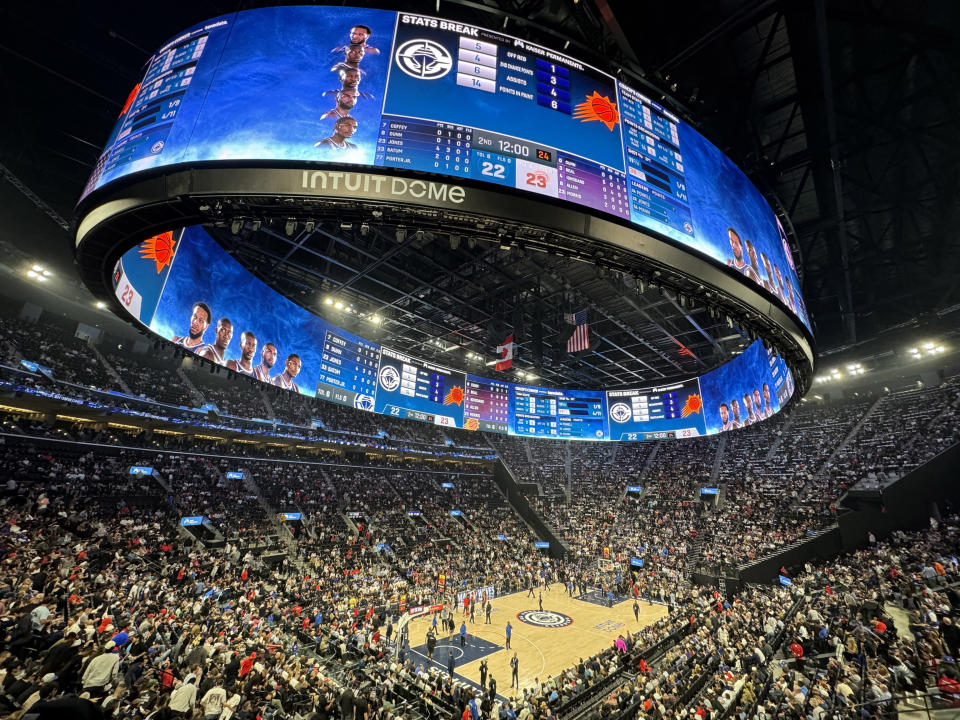 Oct 23, 2024; Inglewood, California, USA A general overall view of the Intuit Dome during the opening night game between the Phoenix Suns and the LA Clippers. Mandatory Credit: Kirby Lee-Imagn Images