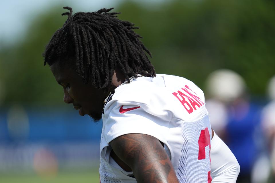 Jul 26, 2024; East Rutherford, NJ, USA; New York Giants cornerback Deonte Banks (3) breaks on the sideline during training camp at Quest Diagnostics Training Center. Mandatory Credit: Lucas Boland-USA TODAY Sports