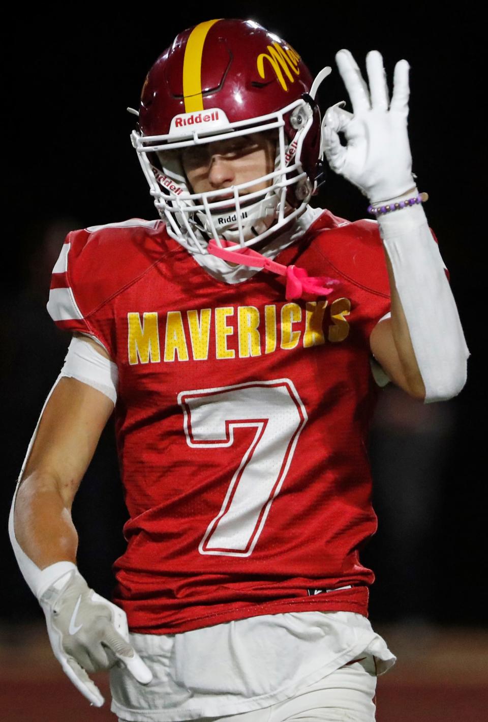 McCutcheon Mavericks defensive back Broderick Arnold (7) celebrates after getting his third interception of the night Friday, Sept. 6, 2024, during the IHSAA football game against the Hamilton Heights Huskies at McCutcheon High School in Lafayette, Ind. McCutcheon won 31-2.