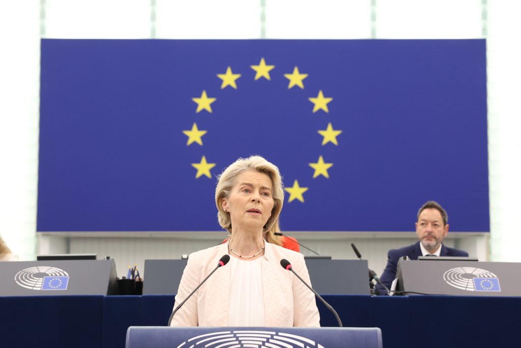 European Commission President Ursula von der Leyen gives a statement as the Candidate for the Presidency of the European Commission (2024-2029) to the European Parliament. Credit: Alexis Haulot/ European Parliament