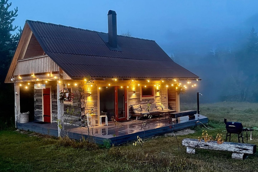 Sauna with fairy lights on.