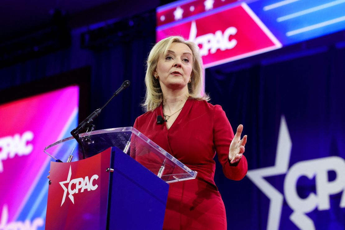 Liz Truss speaks at the Conservative Political Action Conference (CPAC) in Maryland in February. She told CNN this week she is endorsing Trump -- an unusual step for a former British prime minister.