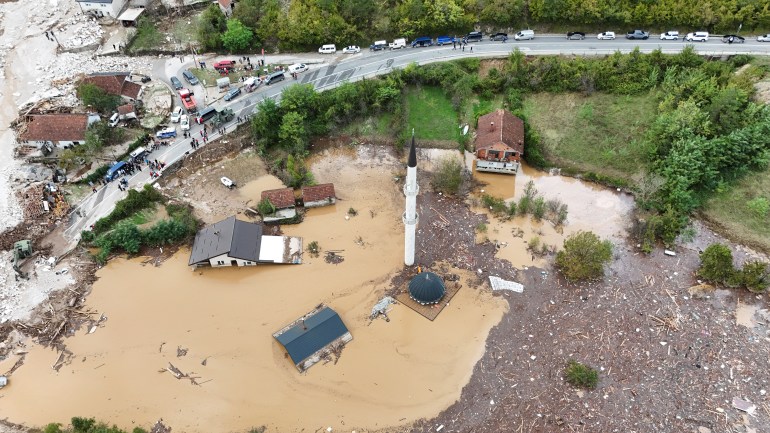 FILE PHOTO: A drone view shows a flooded residential area and mosque in Donja Jablanica, Bosnia and Herzegovina, October 4, 2024