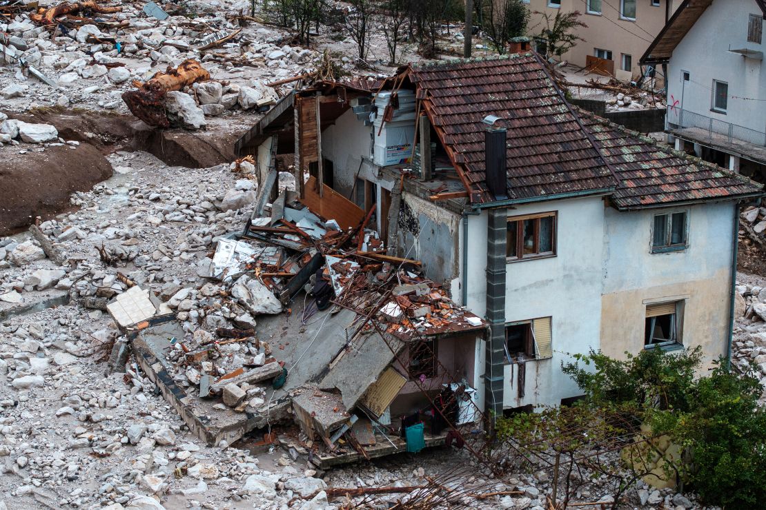 A drone view shows debris following a landslide in a flooded residential area in Donja Jablanica, Bosnia and Herzegovina, October 5, 2024.REUTERS/Marko Djurica