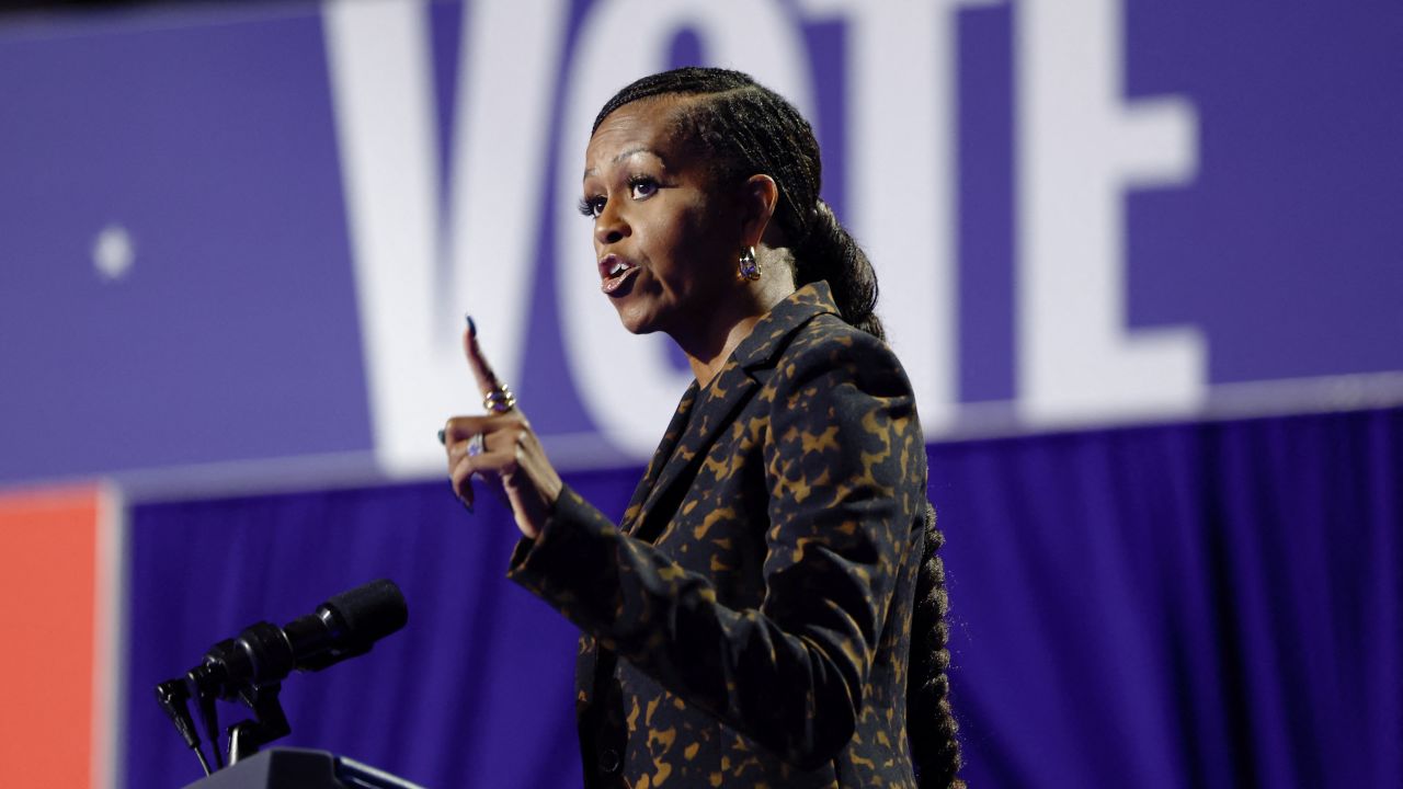 Former first lady Michelle Obama speaks at a campaign event for Democratic presidential nominee U.S. Vice President Harris, at Wings Event Center in Kalamazoo, Michigan, October 26, 2024.