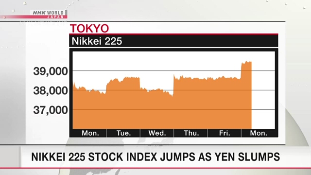 Nikkei 225 stock index jumps as yen slumps