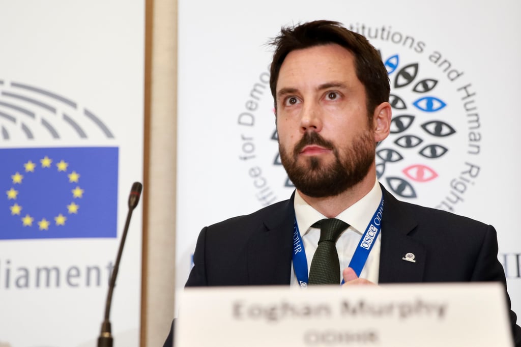 Eoghan Murphy, head of the OSCE/ODIHIR observer mission, speaks to the media after the parliamentary election in Georgia, in Tbilisi, Georgia, on Saturday. Photo: AP.