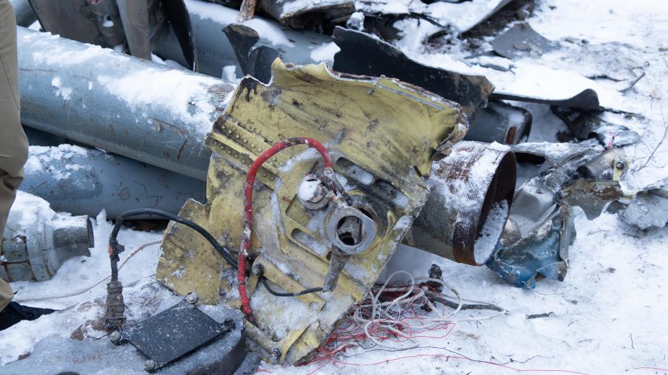 Fragments of what may be non-Russian missiles, which Russia used to attack the city are seen on January 6, 2024 in Kharkiv, Ukraine.