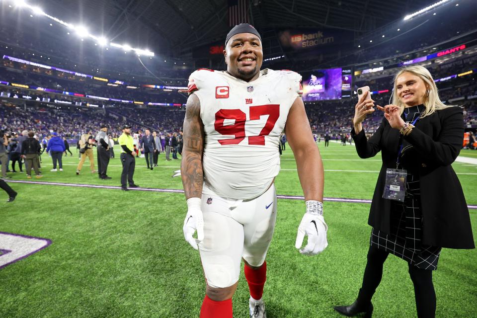 Jan 15, 2023; Minneapolis, Minnesota, USA; New York Giants defensive tackle Dexter Lawrence (97) reacts after winning a wild card game against the Minnesota Vikings at U.S. Bank Stadium. Mandatory Credit: Matt Krohn-USA TODAY Sports