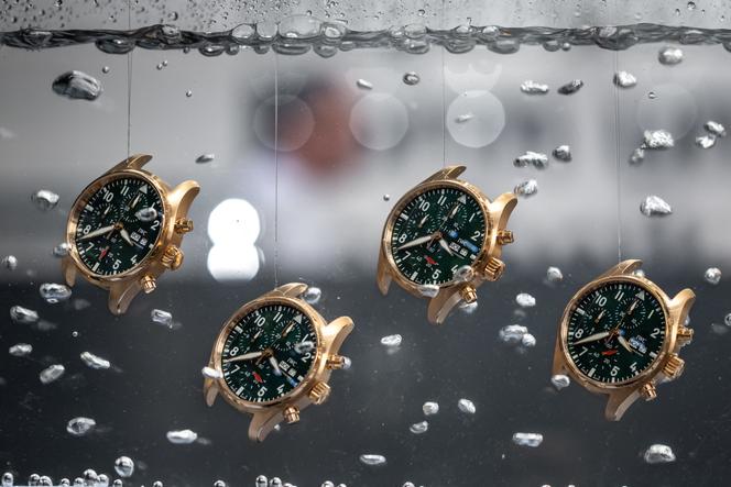 A water-resistance demonstration on the stand of Swiss watchmaker IWC, on the opening day of the Watches and Wonders Geneva luxury watch show, on March 27, 2023, in Geneva (Switzerland).