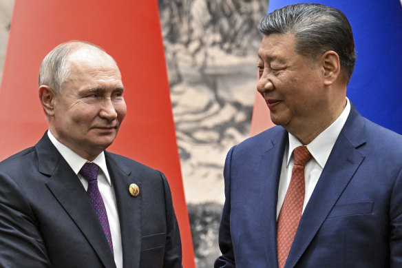 Xi Jinping and Vladimir Putin in Beijing this year.  Rutter has told Chinese leaders that support for Moscow “has got to stop”.