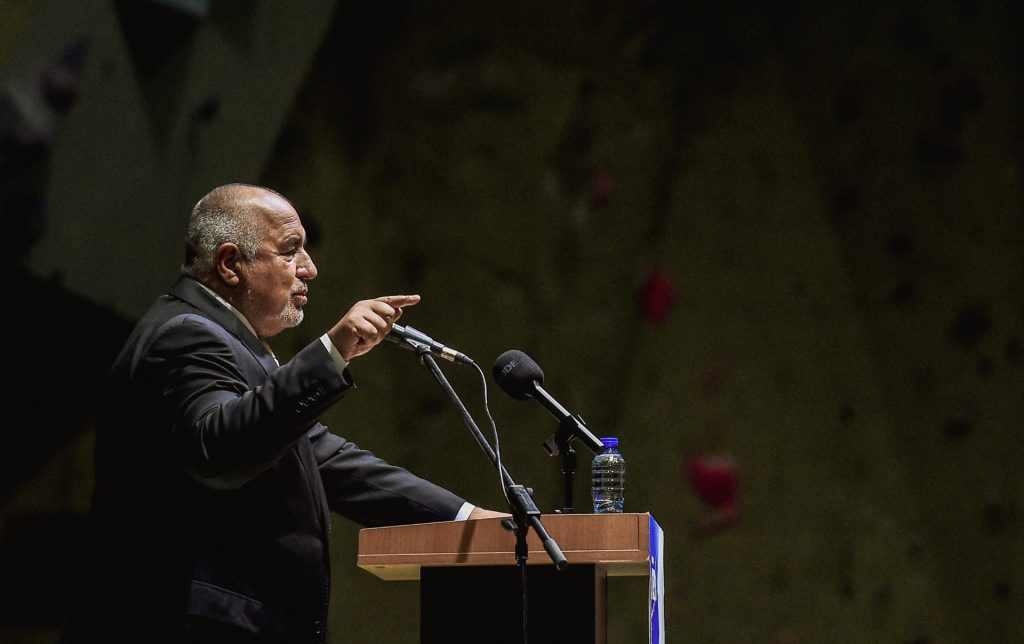 Boyko Borisov leader of Citizens for European Development of Bulgaria (GERB) speaks during an election campaign rally in the city of Veliko Tarnovo, Bulgaria on October 23, 2024. Bulgaria will hold an early parliamentary election on 27th of October 2024.