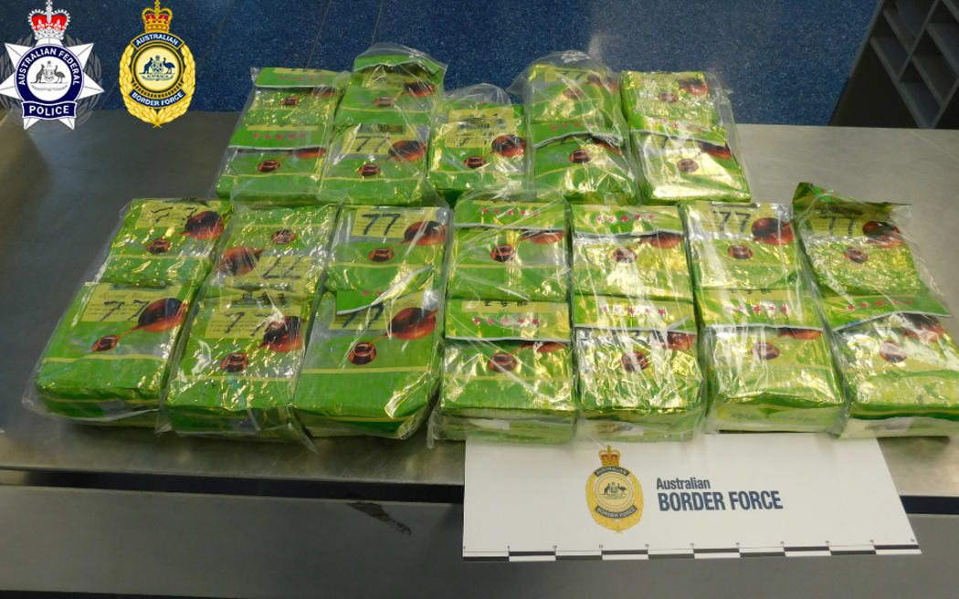 An image released by Australian Federal Police of some of the 52 packages labelled as green tea, which turned out to contain methamphetamine, smuggled by two women from Singapore into Australia.