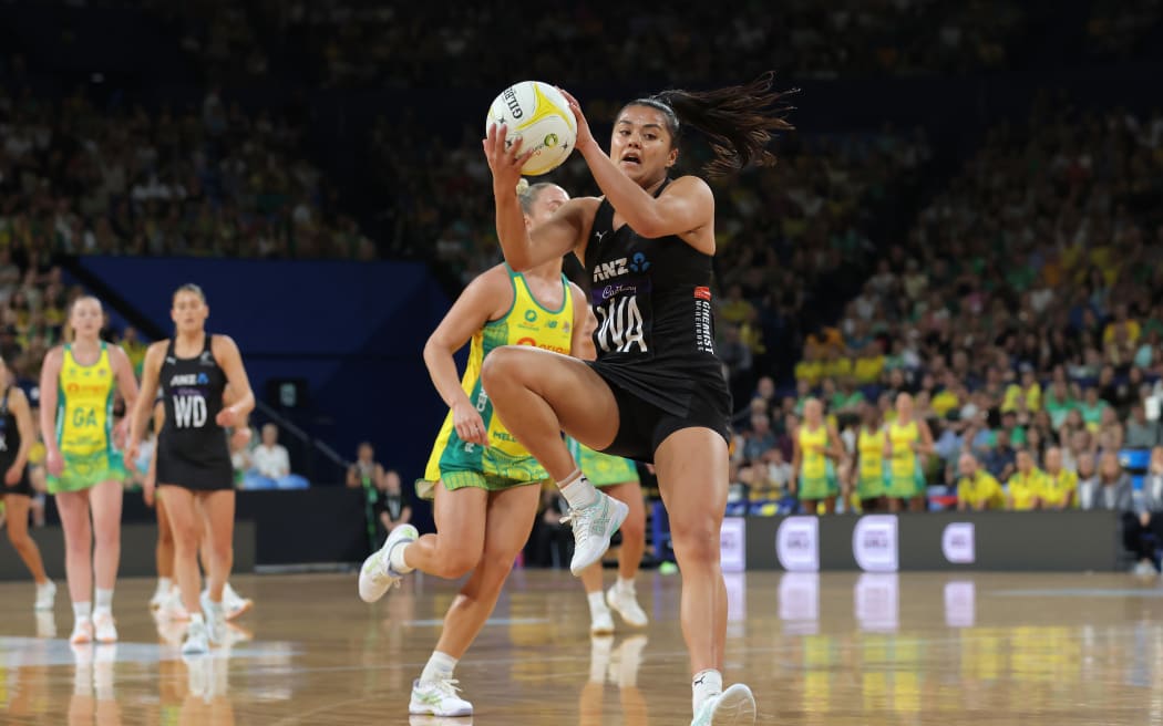 Kimiora Poi of New Zealand receives the ball during the Constellation Cup match between the Australian Diamonds and the New Zealand Silver Ferns at RAC Arena in Perth, Sunday, October 27, 2024. (AAP Image/Richard Wainwright/ Photosport)