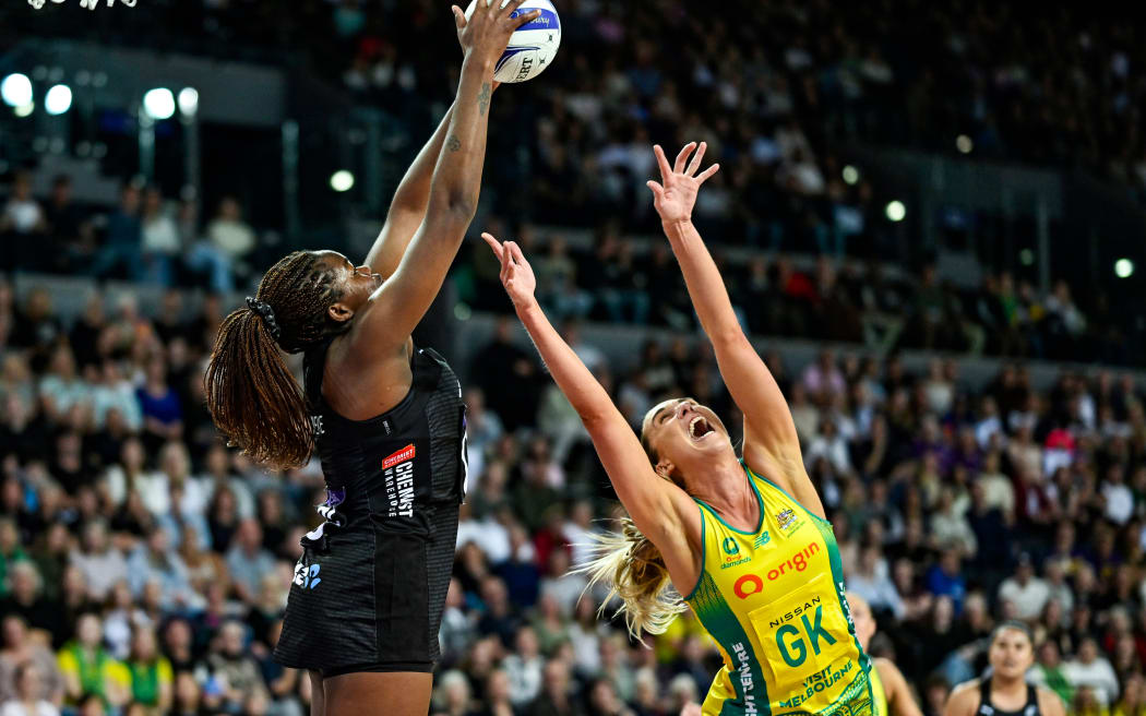 Grace Nweke of New Zealand.
New Zealand Silver Ferns v Australia Origin Diamonds Constellation Cup netball match at Spark Arena.