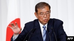 Shigeru Ishiba, Japan's Prime Minister and leader of the ruling Liberal Democratic Party, speaks during a press conference at the party's headquarters in Tokyo on October 28, 2024.