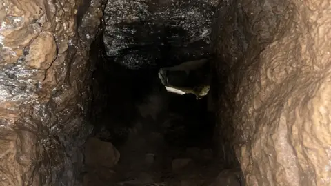 Inside Ireland's so-called Gate to Hell. It is hard to see too far inside but brown, slimy rock is clear on either side of the cave.