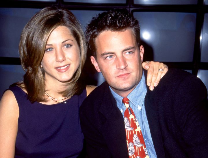 Jennifer Aniston and Matthew Perry attend the 1995 NBC Fall Preview at New York City's Lincoln Center. She mourned her co-star in an Instagram post on Monday.