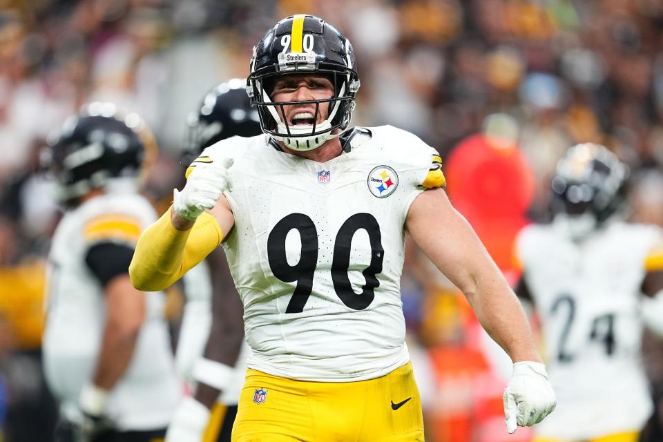 LAS VEGAS, NEVADA - OCTOBER 13: T.J. Watt #90 of the Pittsburgh Steelers reacts after a play in the fourth quarter of a game against the Las Vegas Raiders at Allegiant Stadium on October 13, 2024 in Las Vegas, Nevada. (Photo by Chris Unger/Getty Images)