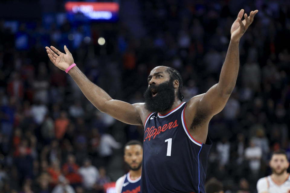 LA Clippers guard James Harden reacts during the second half of an NBA basketball game against the Phoenix Suns, Wednesday, Oct. 23, 2024, in Inglewood, Calif. (AP Photo/Ryan Sun)