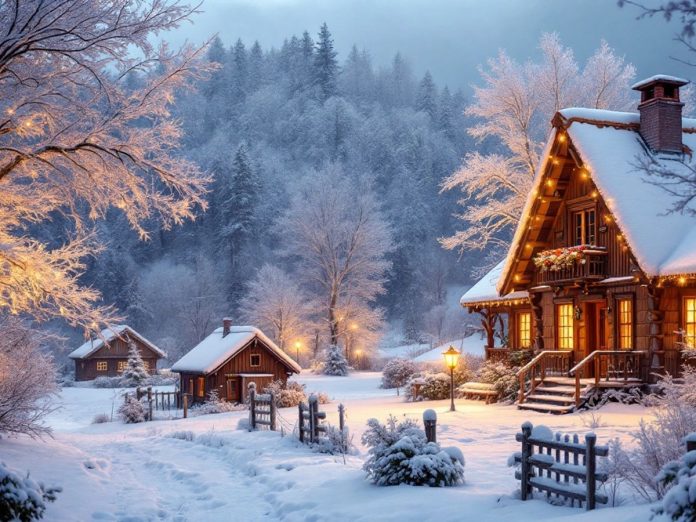 Snowy Romanian landscape with traditional houses in winter.