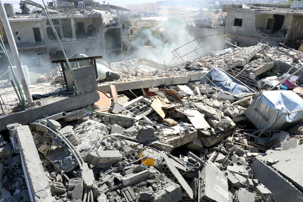 The site of an Israeli strike that targeted the village of Shmistar in Lebanon’s eastern Bekaa Valley on Monday. Photo: AFP