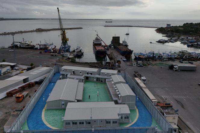 Drone view of the reception camp for illegal migrants to be brought from Italy to Gjader, Albania, on October 11, 2024.