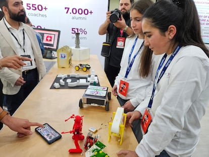 Students of the Armath program show robotic prototypes at the Digitec conference in Yerevan.