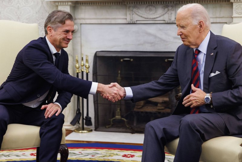 President Joe Biden meets with Prime Minister of Slovenia Robert Golob on Tuesday in the Oval Office of the White House in Washington, D.C., where the leaders discussed developments in the Middle East and Ukraine, while reaffirming mutual cooperation on clean energy and advanced technologies. Photo by Aaron Schwartz/UPI