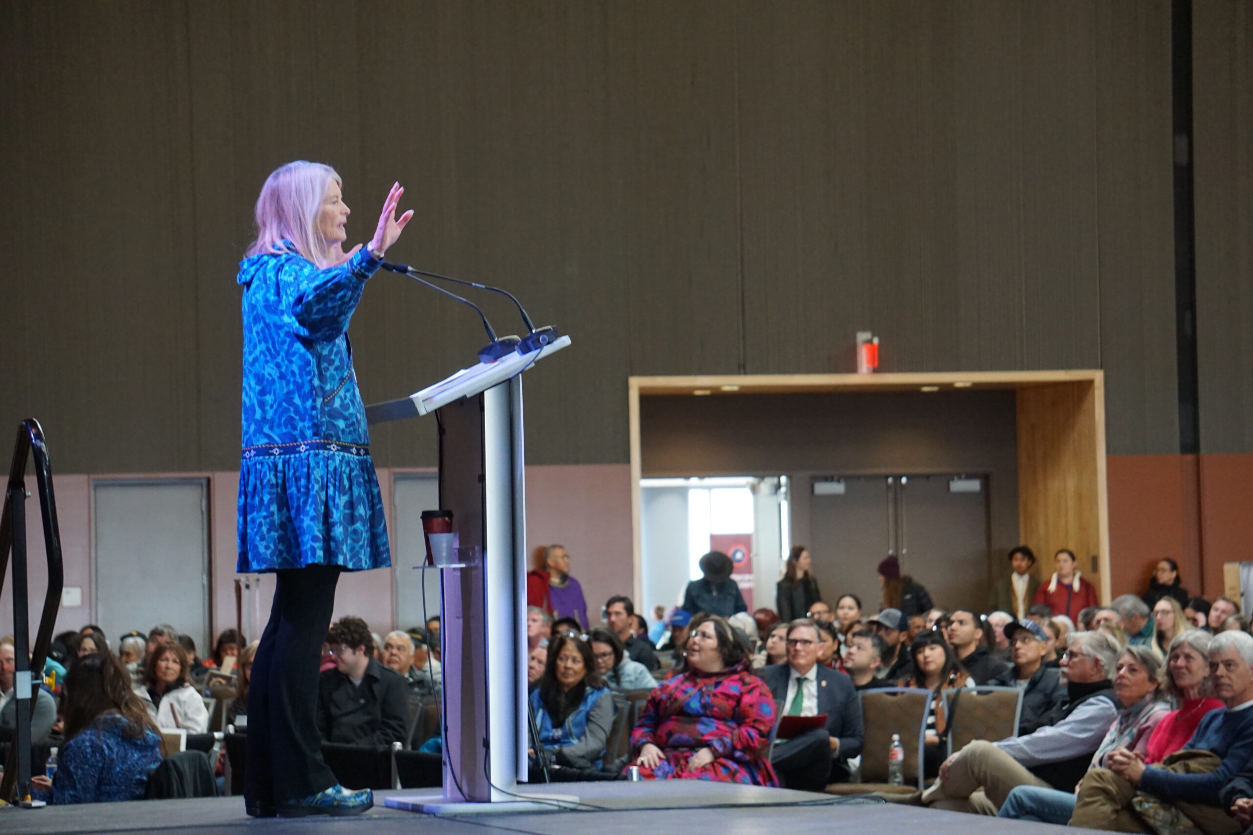 Sen. Lisa Murkowski speaks on Oct. 19. 2024, at the Alaska Federation of Natives convention. (Photo by Yereth Rosen/Alaska Beacon)