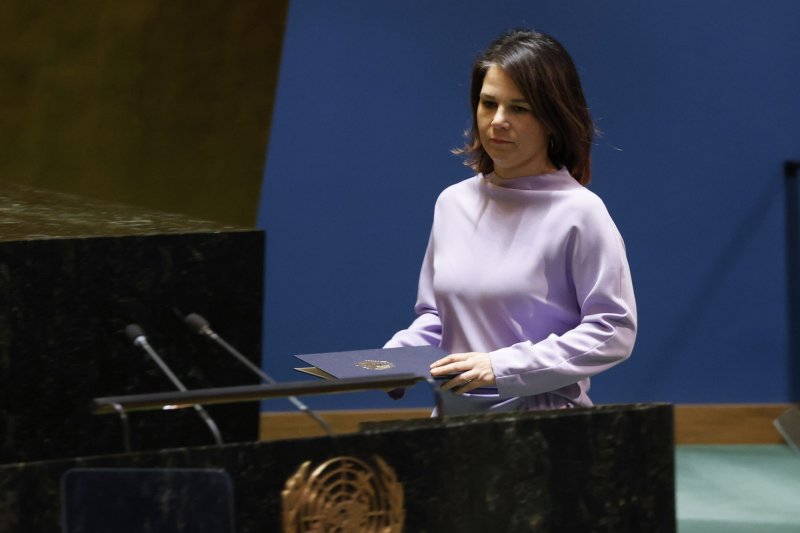 Germany Foreign Minister Annalena Baerbock arrives to speak at the 11th Emergency Session of the United Nations on February 23, 2023, in New York City. She slammed the execution of German-Iranian activist on Tuesday. File Photo by John Angelillo/UPI