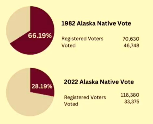 The statewide Native voter turnout statistics presented by Michelle Sparck, director of Get Out the Native Vote, show dramatic erosion from 1982 to 2022. (Graph provided by Michelle Sparck/Get Out the Native Vote)