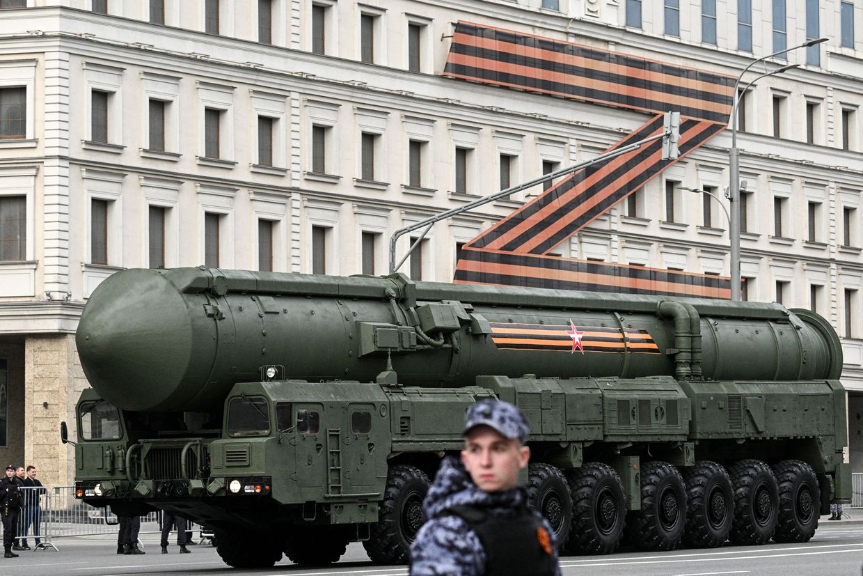 A Russian Yars missile launcher moves along the Garden Ring road near a huge Z letter toward Red Square for a Victory Day rehearsal in Moscow on May 4, 2023.