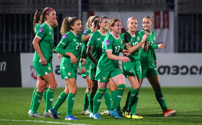 Aoife Mannion celebrates with team-mates after scoring Ireland's sixth goal against Georgia in Tbilisi. Photograph: Aleksandar Djorovic/Inpho