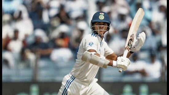 India opener Yashasvi Jaiswal on way to his fifty in the second Test against New Zealand on Saturday. (PTI)