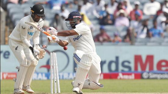 India’s Rishabh Pant is bowled by Glenn Phillips of New Zealand during Day 2 of the 2nd Test in Pune on Friday. (BCCI)