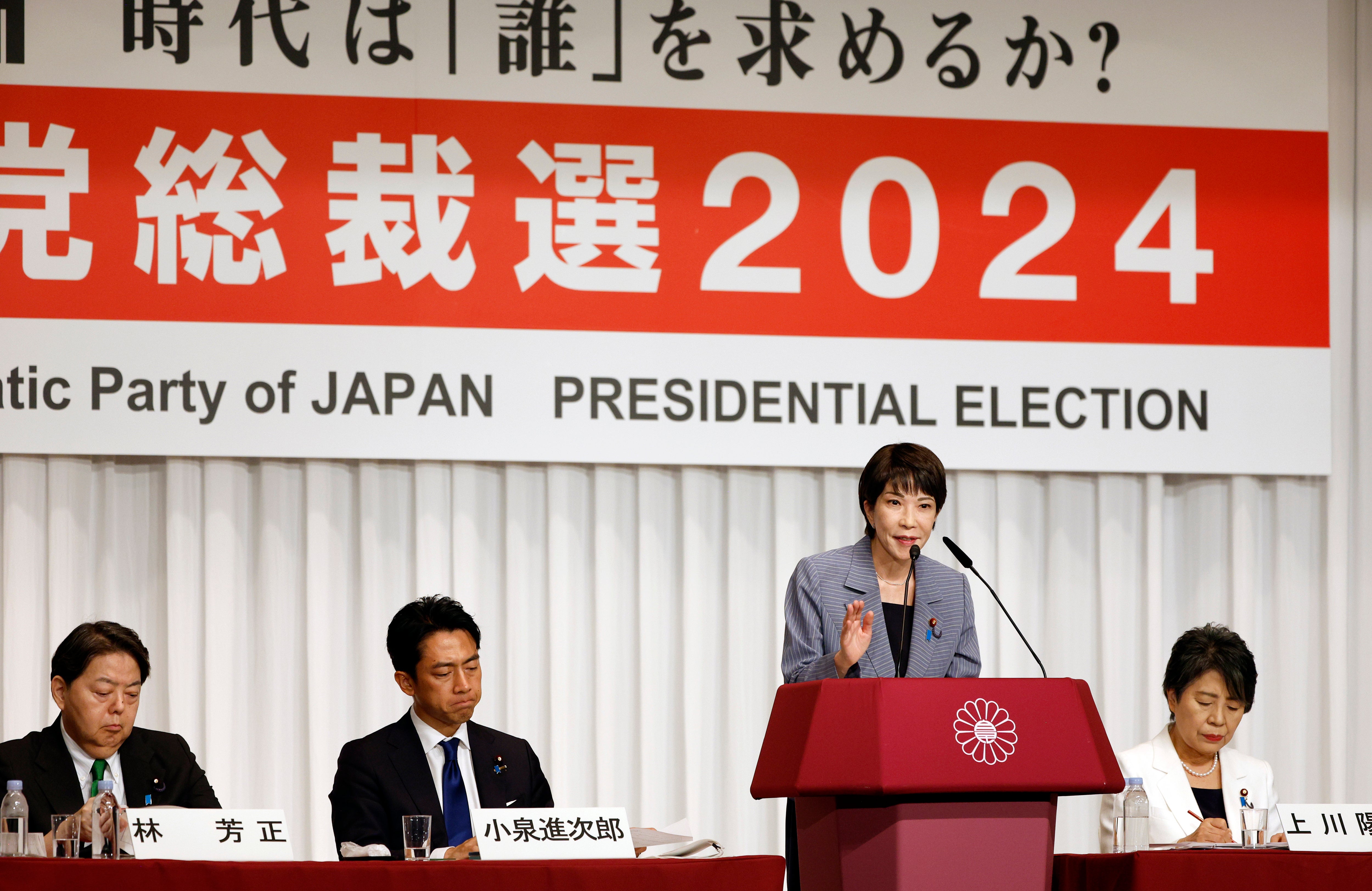 Sanae Takaichi, second-right, was the preferred leadership choice among the conservative faction of Japan’s ruling party