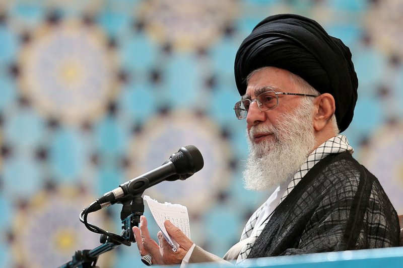 Iran's Supreme Leader Ayatollah Khamenei speaks at the 25th anniversary of the death of the founder of the Islamic Revolution, Ayatollah Khomeini, at his shrine in Tehran in June 2014. File Photo by Leader.ir/UPI