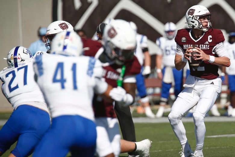 The Missouri State Bears' Jacob Clark looks for an open receiver against visiting Indiana State University at Plaster Stadium on October 19, 2024. Clark threw for 379 yards and three touchdowns as the Bears beat Indiana State 46-21.