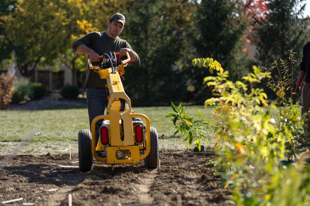 Naperville Central Teacher Seth Brady drills holes to plant trees in during a project to plant 300 trees in front of Naperville Central high school in Naperville on Sunday, Oct. 20, 2024. (Troy Stolt / for the Naperville Sun)