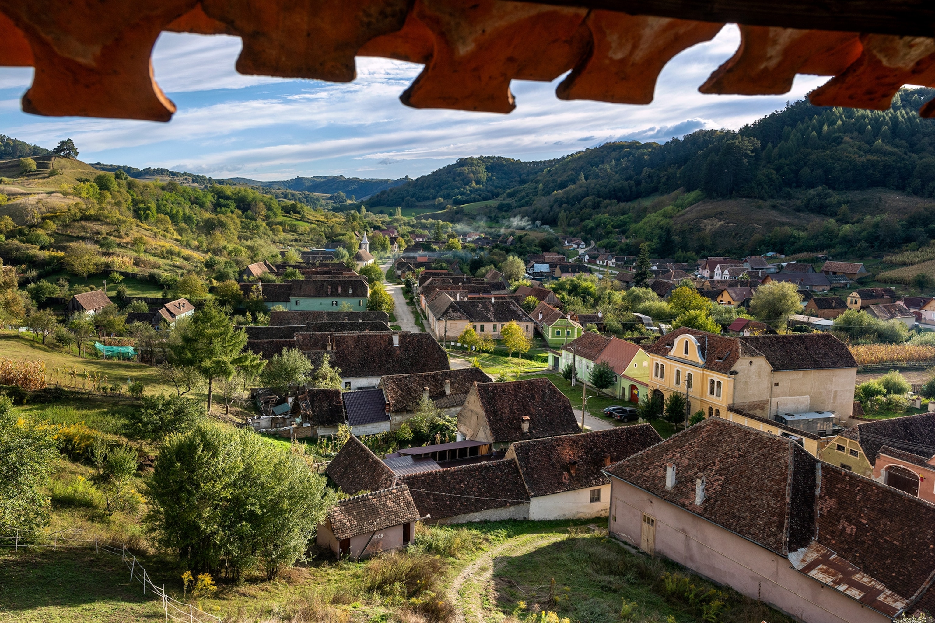 View of the Copsa Mare village from the bell tower of the Biserica Evanghelica Fortificata in Copsa Mare.