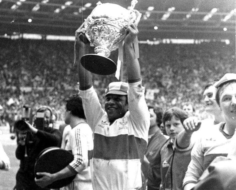 Clive Sullivan holds the Challenge Cup aloft at Wembley in 1980 after their 10-5 win over Hull FC