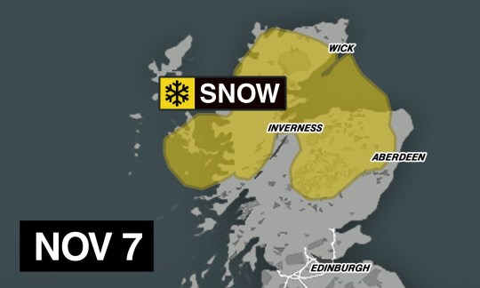 A map showing Scotland with a yellow area where snow is possible on November 7 2024