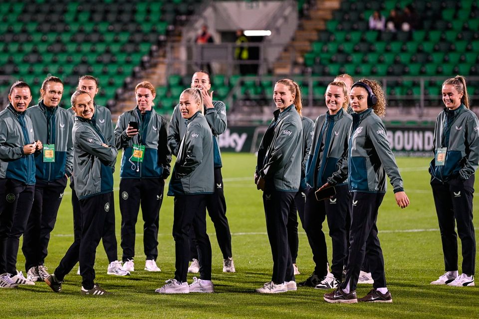 The Republic of Ireland team walk the pitch before the match