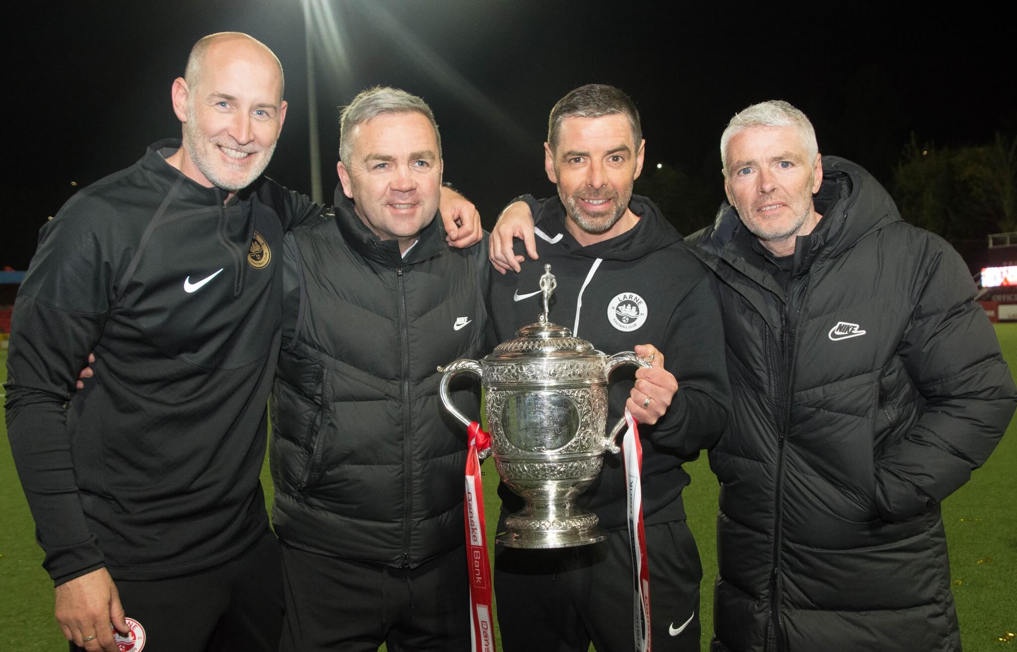 Larne's coaching team (Left-right: First-team coach Gary Haveron, head of recruitment Gerry Flynn, manager Tiernan Lynch and assistant Seamus Lynch)