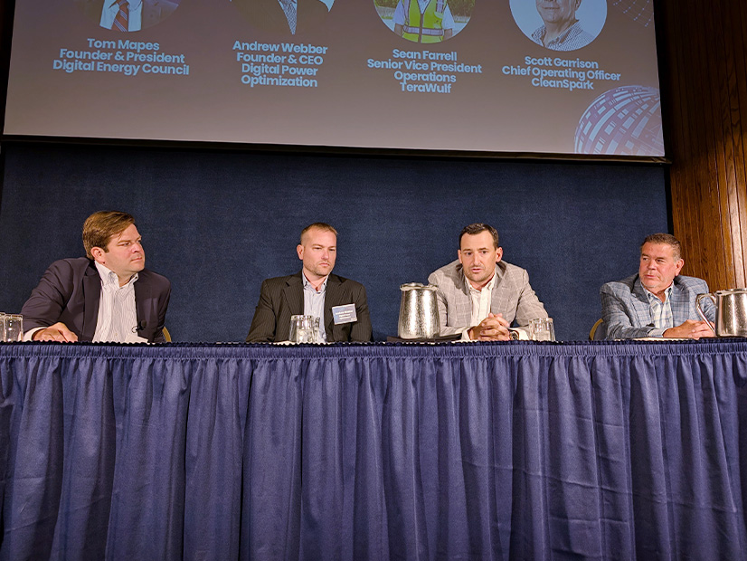 Exploring alternatives to hyperscale at the USEA Energy Tech Connect Forum were (from left) Tom Mapes, Digital Energy Council; Andrew Webber, Digital Power Optimization; Sean Farrell, TeraWulf, and Scott Garrison, CleanSpark.